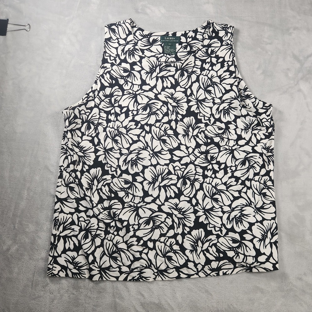 Lauren Ralph Lauren Sleeveless Top 3X Black White Floral Quiet Luxury Classic
